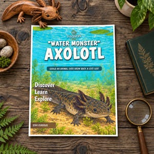 Może przedstawiać: Prostokątny plakat edukacyjny zatytułowany "WATER MONSTER" AXOLOTL z podtytułem "COULD AN ANIMAL EVER GROW BACK A LOST LEG?" oraz tekstem "Discover Learn Explore" i "STAY CURIOUS", przedstawiający szczeg&oacute;łową ilustrację aksolotla.