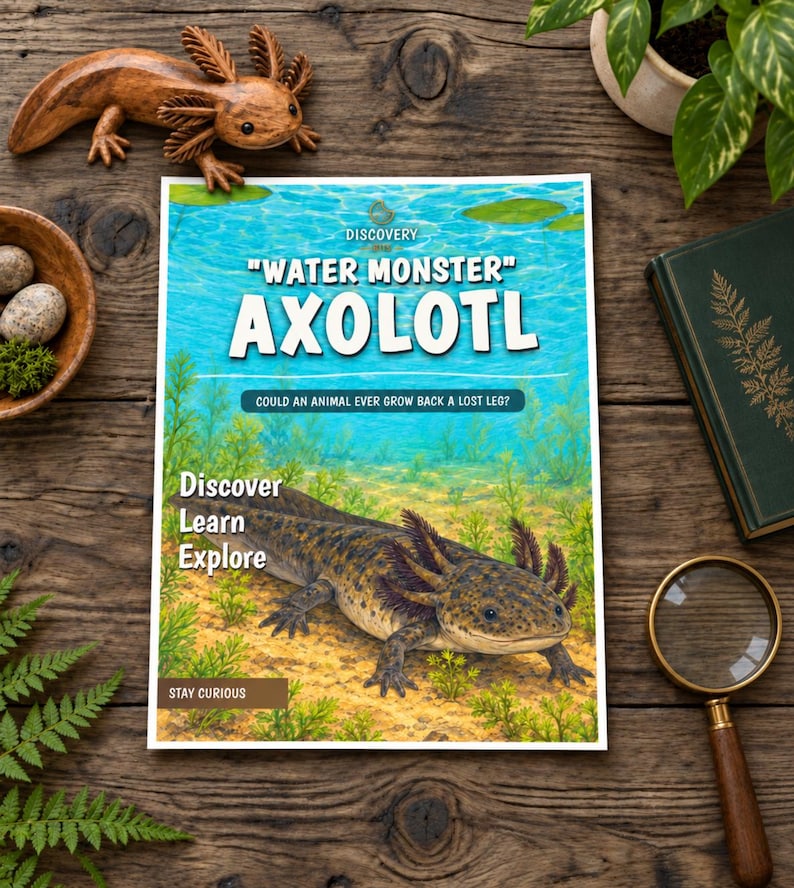 Może przedstawiać: Prostokątny plakat edukacyjny zatytułowany "WATER MONSTER" AXOLOTL z podtytułem "COULD AN ANIMAL EVER GROW BACK A LOST LEG?" oraz tekstem "Discover Learn Explore" i "STAY CURIOUS", przedstawiający szczeg&oacute;łową ilustrację aksolotla.