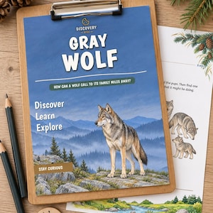 Puede incluir: Una hoja educativa azul titulada Gray Wolf con una ilustración de un lobo en un paisaje montañoso. El texto dice Discovery Bites, Gray Wolf, How can a wolf call to its family miles away?, Discover, Learn, Explore y Stay Curious.