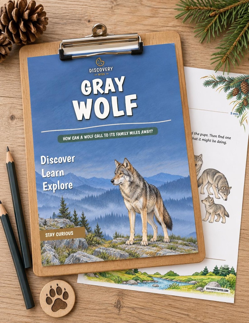 Puede incluir: Una hoja educativa azul titulada Gray Wolf con una ilustraci&oacute;n de un lobo en un paisaje monta&ntilde;oso. El texto dice Discovery Bites, Gray Wolf, How can a wolf call to its family miles away?, Discover, Learn, Explore y Stay Curious.
