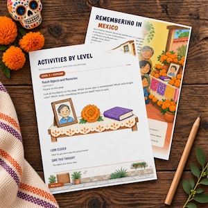 May include: Two educational activity sheets titled Remembering in Mexico and Activities by Level, featuring illustrations of a Day of the Dead altar, a framed portrait, a marigold flower, and a purple book, alongside a sugar skull and pencil.