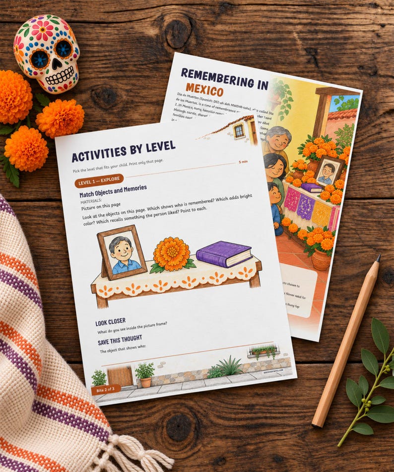 May include: Two educational activity sheets titled Remembering in Mexico and Activities by Level, featuring illustrations of a Day of the Dead altar, a framed portrait, a marigold flower, and a purple book, alongside a sugar skull and pencil.