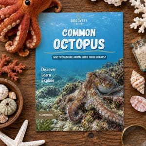May include: A rectangular book titled Discovery Bites Common Octopus with the subtitle Why Would One Animal Need Three Hearts? and the text Discover Learn Explore and Staycurious. The cover features a photograph of an octopus on a reef.