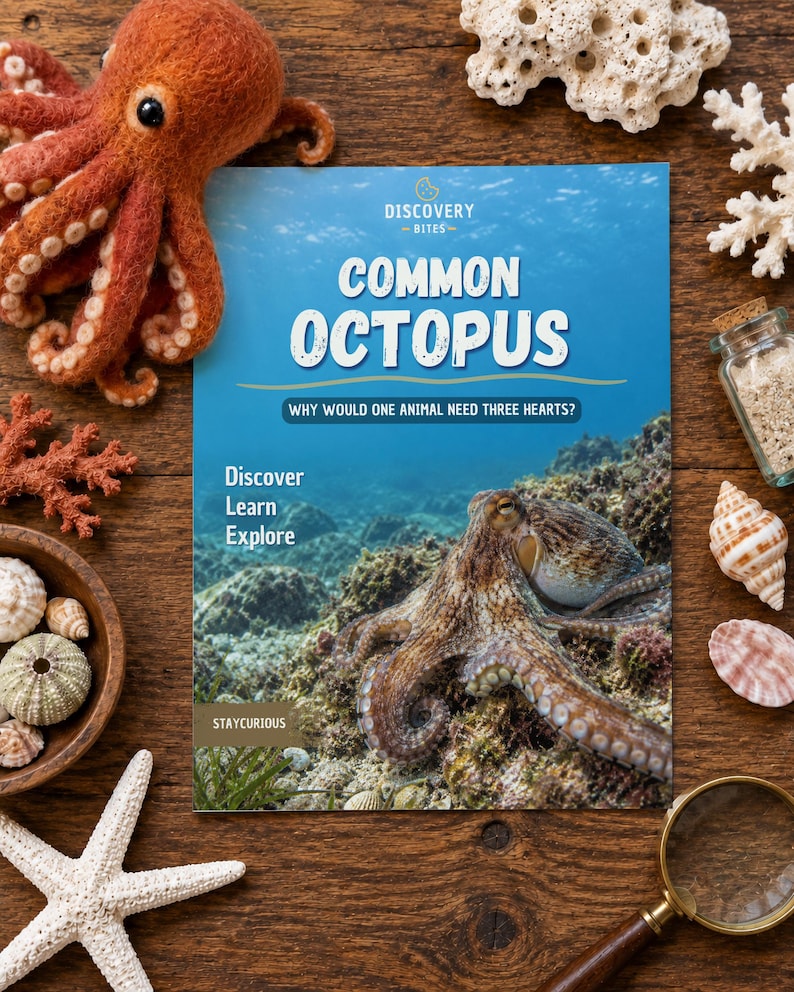 May include: A rectangular book titled Discovery Bites Common Octopus with the subtitle Why Would One Animal Need Three Hearts? and the text Discover Learn Explore and Staycurious. The cover features a photograph of an octopus on a reef.