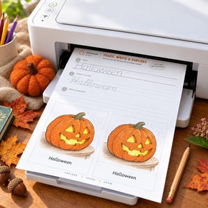 May include: A white printer outputting a worksheet titled Trace, Write & Explore with the word Halloween. The page features tracing lines and two illustrations of orange jack-o'-lanterns. The worksheet includes the text Explore, Learn, Grow.