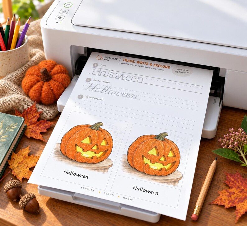 May include: A white printer outputting a worksheet titled Trace, Write & Explore with the word Halloween. The page features tracing lines and two illustrations of orange jack-o'-lanterns. The worksheet includes the text Explore, Learn, Grow.