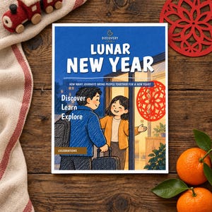 May include: A rectangular book cover titled Lunar New Year with an illustration of two people meeting at a doorway. The text reads Discovery, Lunar New Year, How many journeys bring people together for a new year?, Discover, Learn, Explore, and Celebrations.