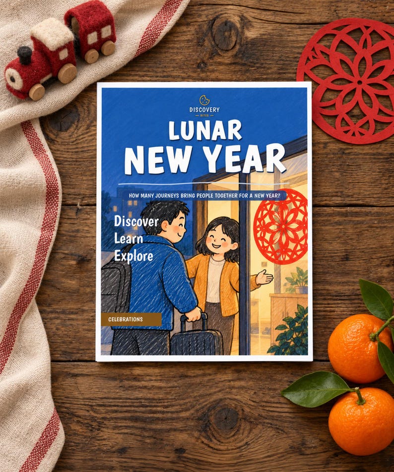 May include: A rectangular book cover titled Lunar New Year with an illustration of two people meeting at a doorway. The text reads Discovery, Lunar New Year, How many journeys bring people together for a new year?, Discover, Learn, Explore, and Celebrations.