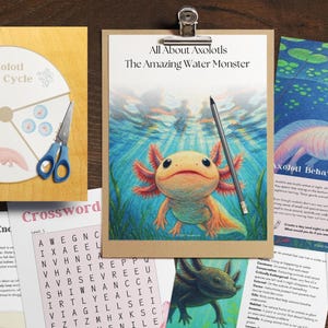 Puede incluir: Materiales educativos sobre ajolotes, que incluyen un diagrama del ciclo de vida, un crucigrama y hojas informativas ilustradas. La imagen central es un dibujo de un ajolote con el texto "All About Axolotls The Amazing Water Monster".