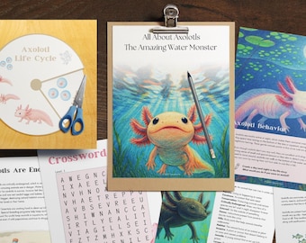 Puede incluir: Materiales educativos sobre ajolotes, que incluyen un diagrama del ciclo de vida, un crucigrama y hojas informativas ilustradas. La imagen central es un dibujo de un ajolote con el texto "All About Axolotls The Amazing Water Monster".
