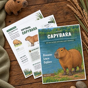 May include: A set of educational activity sheets about capybaras, featuring the title CAPYBARA, Discover Learn Explore, and Stay Curious. The sheets include illustrations of capybaras, text, and a small felt capybara figurine.