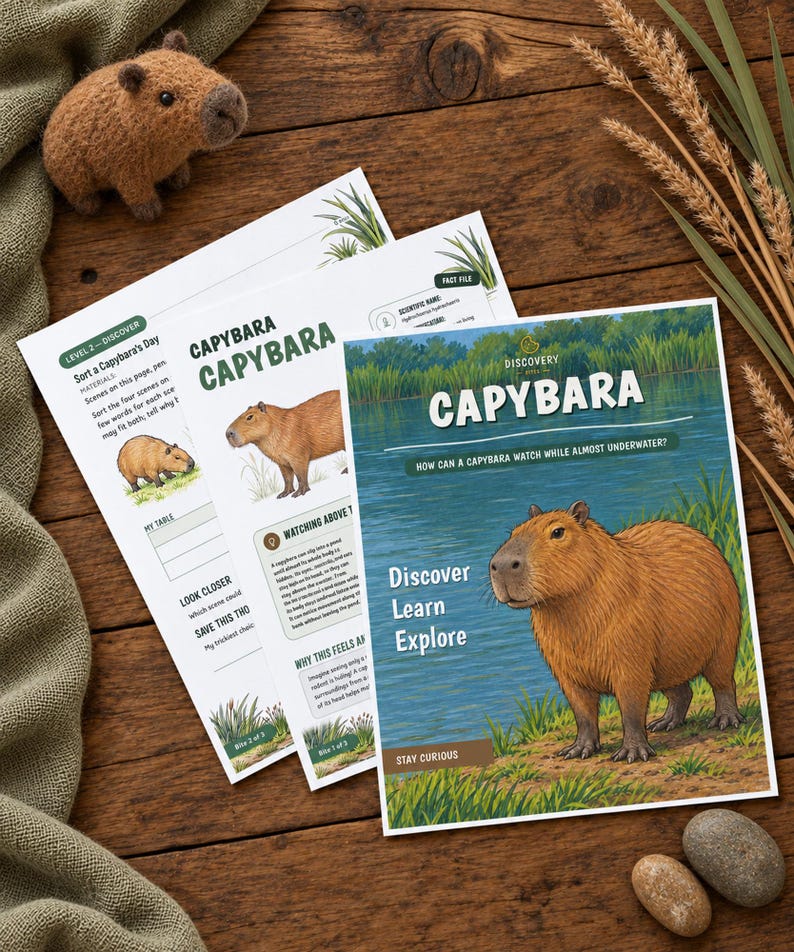 May include: A set of educational activity sheets about capybaras, featuring the title CAPYBARA, Discover Learn Explore, and Stay Curious. The sheets include illustrations of capybaras, text, and a small felt capybara figurine.
