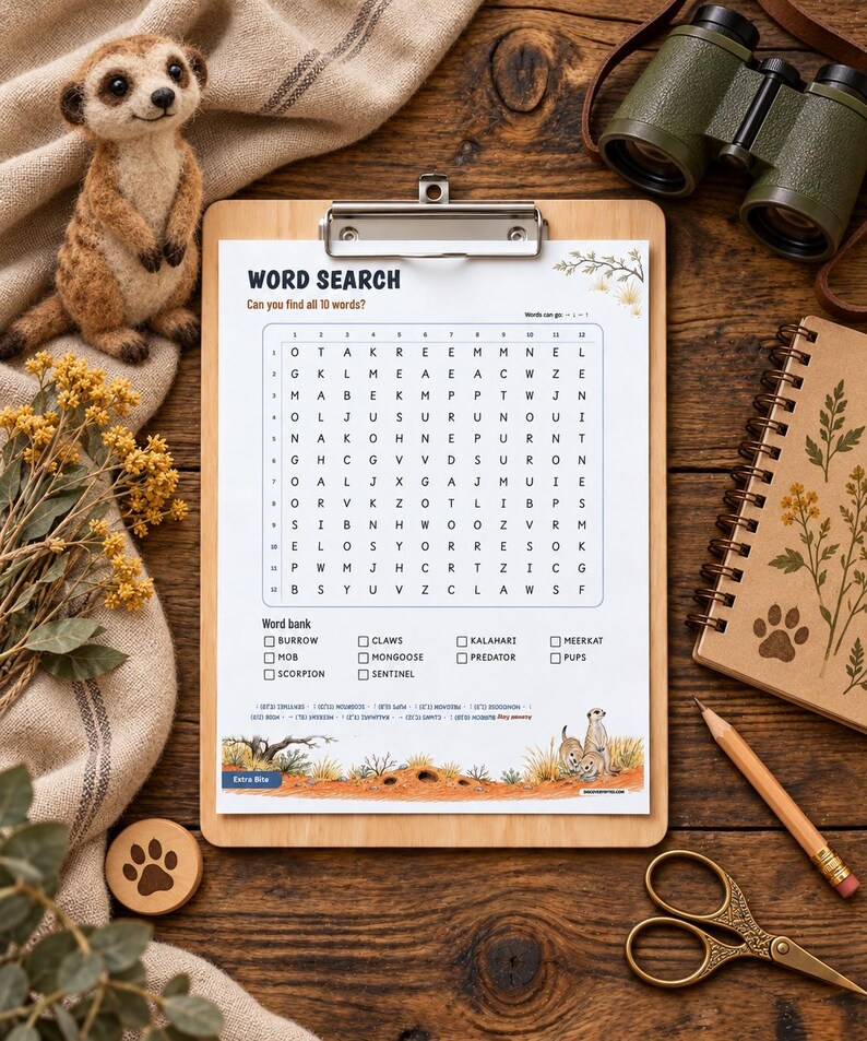K&ouml;nnte beinhalten: Ein Wortsuchr&auml;tsel auf einem h&ouml;lzernen Klemmbrett mit einem Buchstabenraster, einer Wortliste mit Begriffen wie burrow, mob und meerkat sowie einer unteren Illustration von Erdm&auml;nnchen in einer W&uuml;stenlandschaft mit dem Text Word Search.