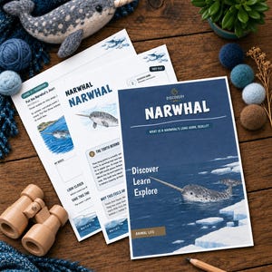 Puede incluir: Hojas de actividades educativas sobre narvales con el texto "NARWHAL", "Discover Learn Explore" y "ANIMAL LIFE". Las hojas incluyen ilustraciones de narvales en agua helada, junto a un narval de fieltro, binoculares de madera y un l&aacute;piz.