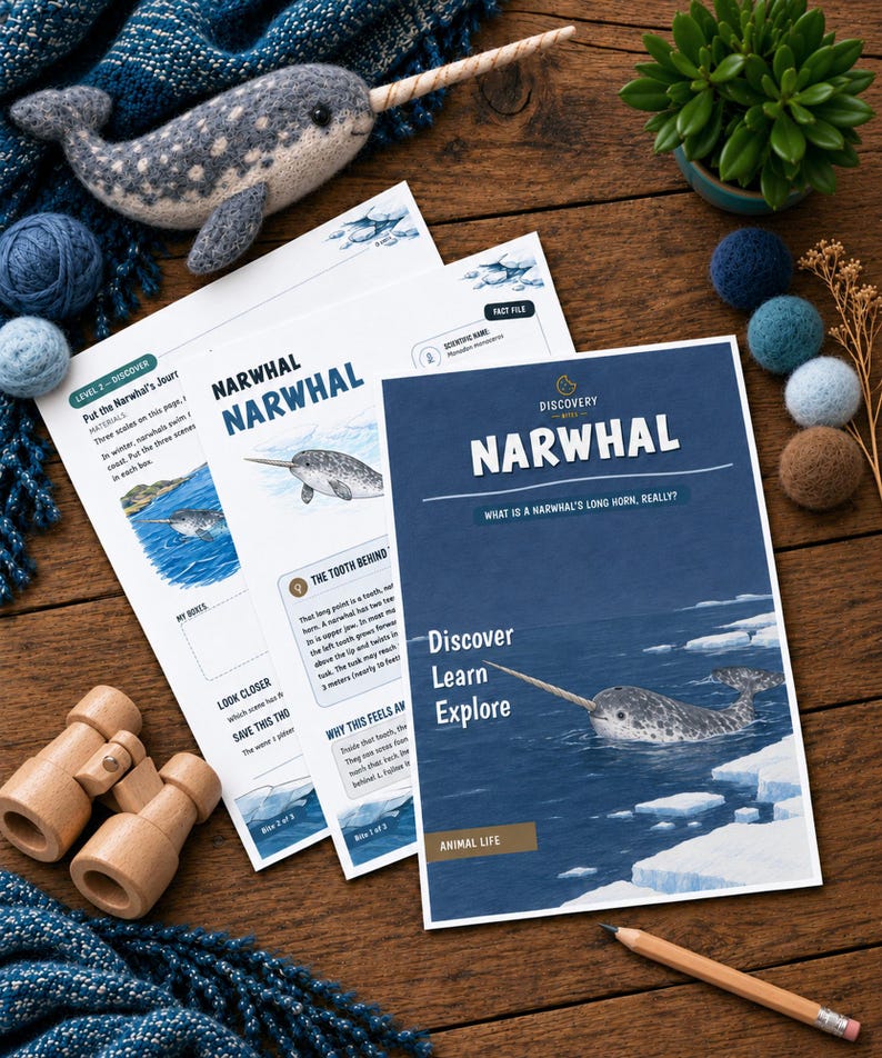 Puede incluir: Hojas de actividades educativas sobre narvales con el texto "NARWHAL", "Discover Learn Explore" y "ANIMAL LIFE". Las hojas incluyen ilustraciones de narvales en agua helada, junto a un narval de fieltro, binoculares de madera y un l&aacute;piz.