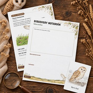 Puede incluir: Dos hojas de papel blancas tituladas Discovery Notebook y Choose a Hunting Field, con ilustraciones bot&aacute;nicas y texto. Una peque&ntilde;a tarjeta rectangular muestra una lechuza, acompa&ntilde;ada de una lupa y un juguete de peluche de b&uacute;ho.