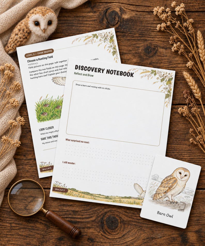 Puede incluir: Dos hojas de papel blancas tituladas Discovery Notebook y Choose a Hunting Field, con ilustraciones bot&aacute;nicas y texto. Una peque&ntilde;a tarjeta rectangular muestra una lechuza, acompa&ntilde;ada de una lupa y un juguete de peluche de b&uacute;ho.