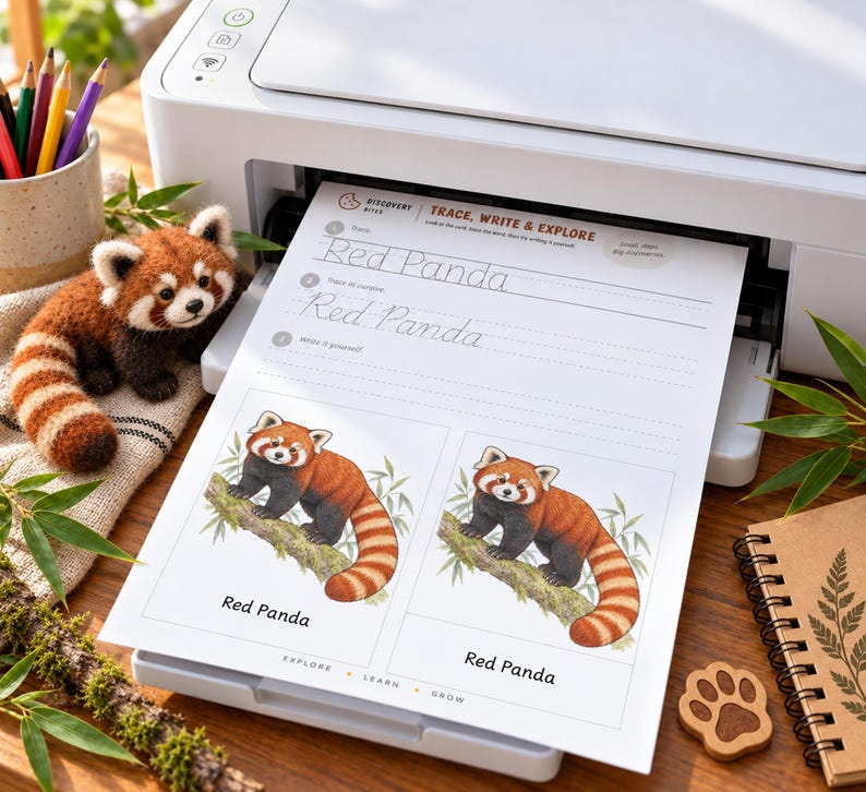 Puede incluir: Una impresora blanca imprime una hoja de ejercicios titulada Trace, Write & Explore con texto e ilustraciones de un panda rojo. Un peque&ntilde;o juguete de ganchillo de panda rojo se encuentra cerca, junto a l&aacute;pices de colores y un cuaderno.