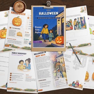 May include: A collection of educational Halloween-themed activity sheets featuring illustrations of pumpkins, children in costumes, and text including "HALLOWEEN," "ACTIVITIES BY LEVEL," and "FAMILY DISCOVERY." A clipboard holds the main page.