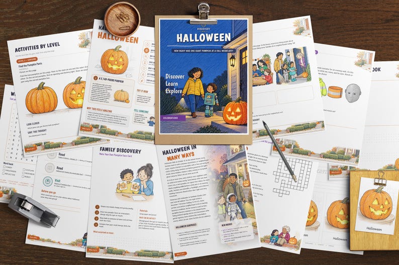 May include: A collection of educational Halloween-themed activity sheets featuring illustrations of pumpkins, children in costumes, and text including "HALLOWEEN," "ACTIVITIES BY LEVEL," and "FAMILY DISCOVERY." A clipboard holds the main page.