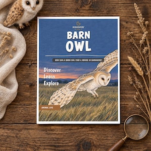 Puede incluir: Un libro titulado Discovery Bites Barn Owl con una ilustraci&oacute;n de una lechuza com&uacute;n volando sobre un campo al atardecer. La portada incluye el texto How can a barn owl find a mouse in darkness? Discover Learn Explore y Animal Life.