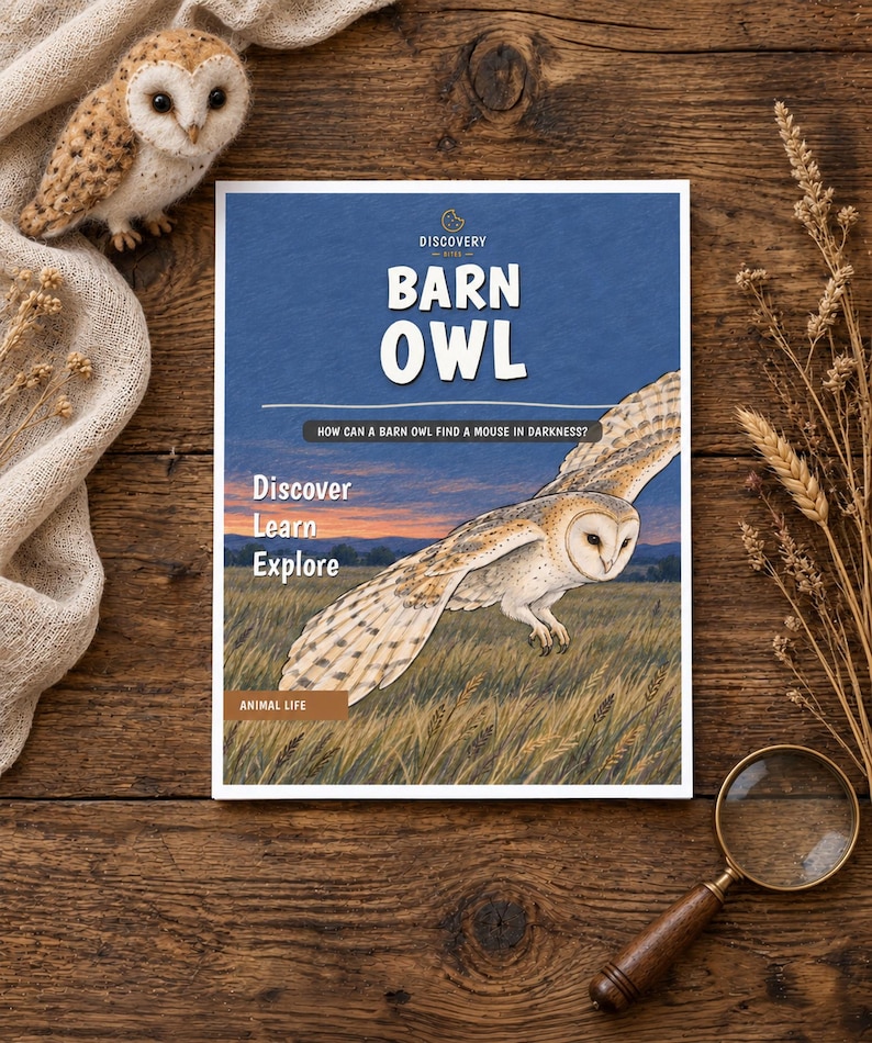 Puede incluir: Un libro titulado Discovery Bites Barn Owl con una ilustraci&oacute;n de una lechuza com&uacute;n volando sobre un campo al atardecer. La portada incluye el texto How can a barn owl find a mouse in darkness? Discover Learn Explore y Animal Life.