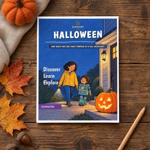 May include: A rectangular book titled Halloween: How Heavy Was One Giant Pumpkin at a Fall Weigh-off? The cover features an illustration of a person in a yellow jacket and a child in a robot costume walking toward a house with a lit jack-o'-lantern.