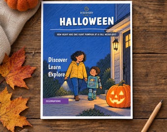 Könnte beinhalten: Ein rechteckiges Buch mit dem Titel Halloween: How Heavy Was One Giant Pumpkin at a Fall Weigh-off? Das Cover zeigt eine Illustration einer Person in einer gelben Jacke und eines Kindes im Roboterkostüm, die auf ein Haus mit einem beleuchteten Kürbis zugehen.