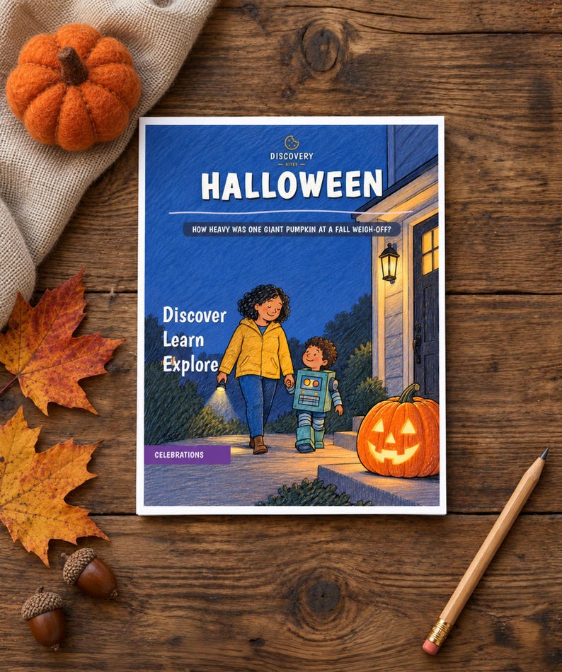May include: A rectangular book titled Halloween: How Heavy Was One Giant Pumpkin at a Fall Weigh-off? The cover features an illustration of a person in a yellow jacket and a child in a robot costume walking toward a house with a lit jack-o'-lantern.