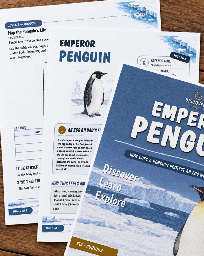 May include: Three educational activity sheets about Emperor Penguins featuring blue and white text, illustrations of penguins in icy landscapes, and headers like Level 2 Discover, Fact File, and Discover Learn Explore with Bite 1, 2, and 3 labels.