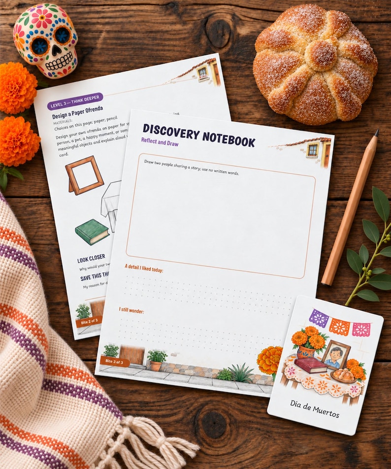 May include: A Discovery Notebook activity sheet with prompts for drawing and reflection, accompanied by a small Dia de Muertos card, a wooden pencil, a sugar skull, orange marigold flowers, and a round sweet bread roll.