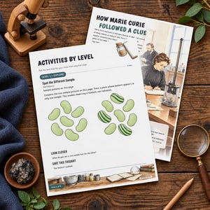 May include: Two educational activity sheets titled How Marie Curie Followed a Clue and Activities by Level. The pages feature illustrations of Marie Curie, laboratory equipment, and a spot-the-difference game with green bean-shaped icons.