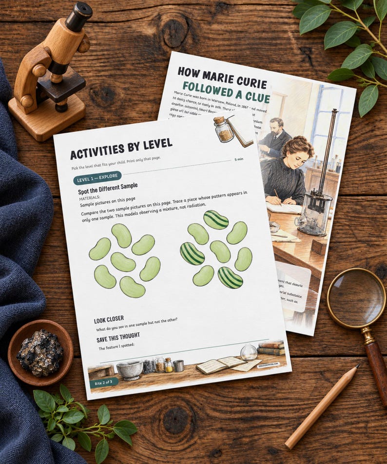 May include: Two educational activity sheets titled How Marie Curie Followed a Clue and Activities by Level. The pages feature illustrations of Marie Curie, laboratory equipment, and a spot-the-difference game with green bean-shaped icons.