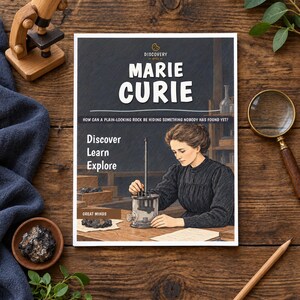 Puede incluir: Un libro titulado Marie Curie con el subtítulo How can a plain-looking rock be hiding something nobody has found yet? La portada presenta una ilustración de una persona con un vestido oscuro trabajando con equipo científico en una mesa.