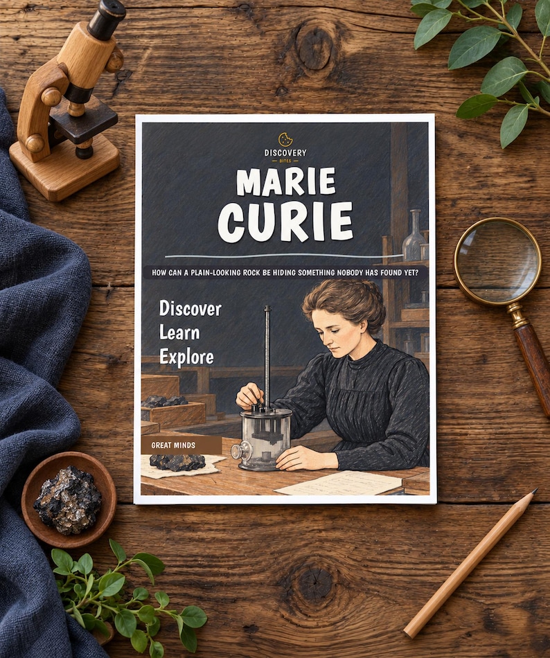 May include: A book titled Marie Curie with the subtitle How can a plain-looking rock be hiding something nobody has found yet? The cover features an illustration of a person in a dark dress working with scientific equipment at a wooden table.