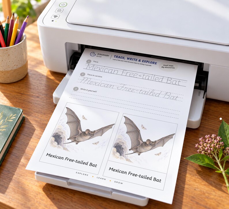 May include: A white printer outputting a worksheet titled Trace, Write & Explore featuring the Mexican Free-tailed Bat. The page includes tracing exercises in print and cursive, and two illustrations of the bat flying near a cave entrance.