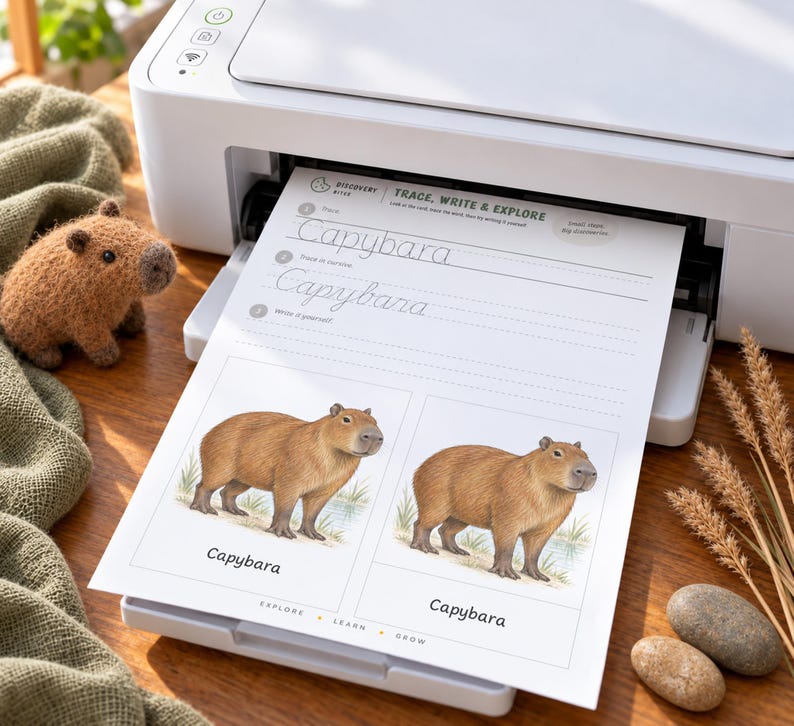 May include: A white printer outputting a worksheet titled Trace, Write & Explore with the word Capybara. The page features dotted lines for handwriting practice and two illustrations of a brown capybara. A small felt capybara toy sits nearby.