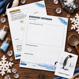 May include: Two white paper sheets titled Discovery Notebook and Level 3 Think Deeper with blue penguin illustrations, alongside a small card labeled Emperor Penguin, a felt penguin toy, glass jars with beads, and a magnifying glass.