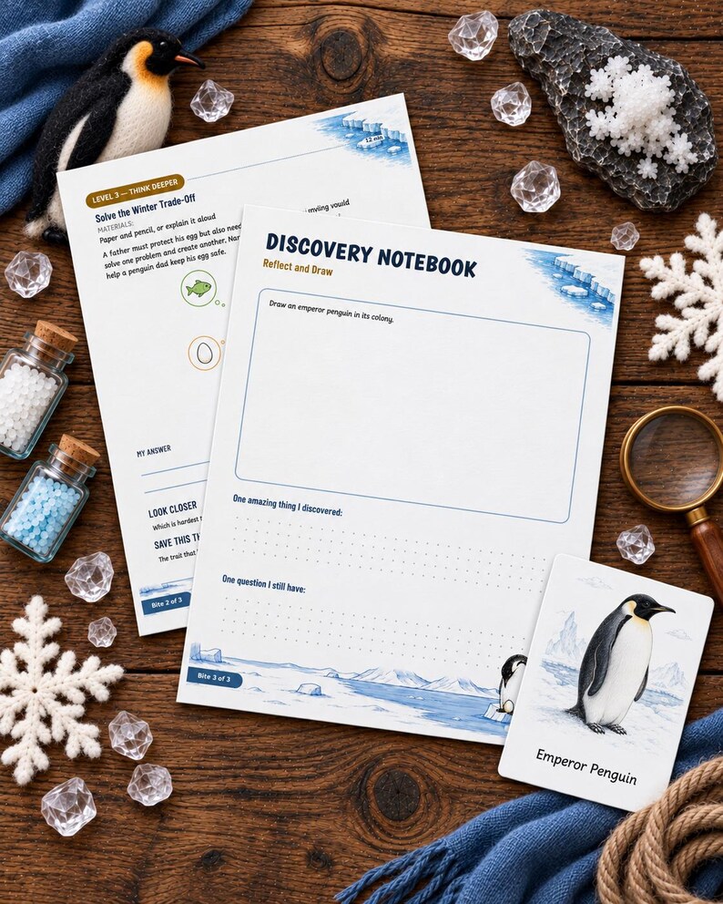 May include: Two white paper sheets titled Discovery Notebook and Level 3 Think Deeper with blue penguin illustrations, alongside a small card labeled Emperor Penguin, a felt penguin toy, glass jars with beads, and a magnifying glass.