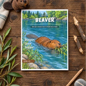 Puede incluir: Un libro educativo rectangular titulado BEAVER con una ilustraci&oacute;n de un castor marr&oacute;n nadando en un arroyo azul y sosteniendo una rama. El texto de la portada incluye Discovery, How can a beaver turn a stream into a pond?, Discover Learn Explore y Animal Life.