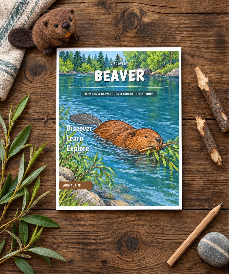 Puede incluir: Un libro educativo rectangular titulado BEAVER con una ilustraci&oacute;n de un castor marr&oacute;n nadando en un arroyo azul y sosteniendo una rama. El texto de la portada incluye Discovery, How can a beaver turn a stream into a pond?, Discover Learn Explore y Animal Life.