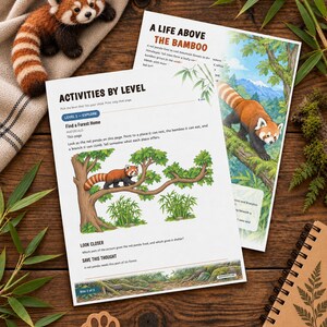 Puede incluir: Un peluche de panda rojo de fieltro junto a dos hojas de actividades educativas tituladas A Life Above The Bamboo y Activities By Level. Las hojas incluyen ilustraciones de pandas rojos en &aacute;rboles, texto y gr&aacute;ficos de bamb&uacute;.