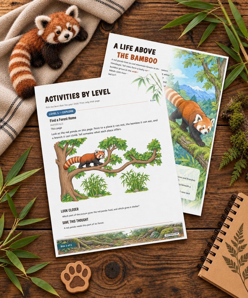 Puede incluir: Un peluche de panda rojo de fieltro junto a dos hojas de actividades educativas tituladas A Life Above The Bamboo y Activities By Level. Las hojas incluyen ilustraciones de pandas rojos en &aacute;rboles, texto y gr&aacute;ficos de bamb&uacute;.