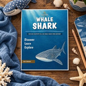 Może przedstawiać: Edukacyjna książka Discovery Kids zatytułowana Whale Shark z podtytułem How can scientists tell one whale shark from another? Okładka przedstawia niebieskie tło oceanu, ilustrację rekina wielorybiego oraz tekst Discover Learn Explore.
