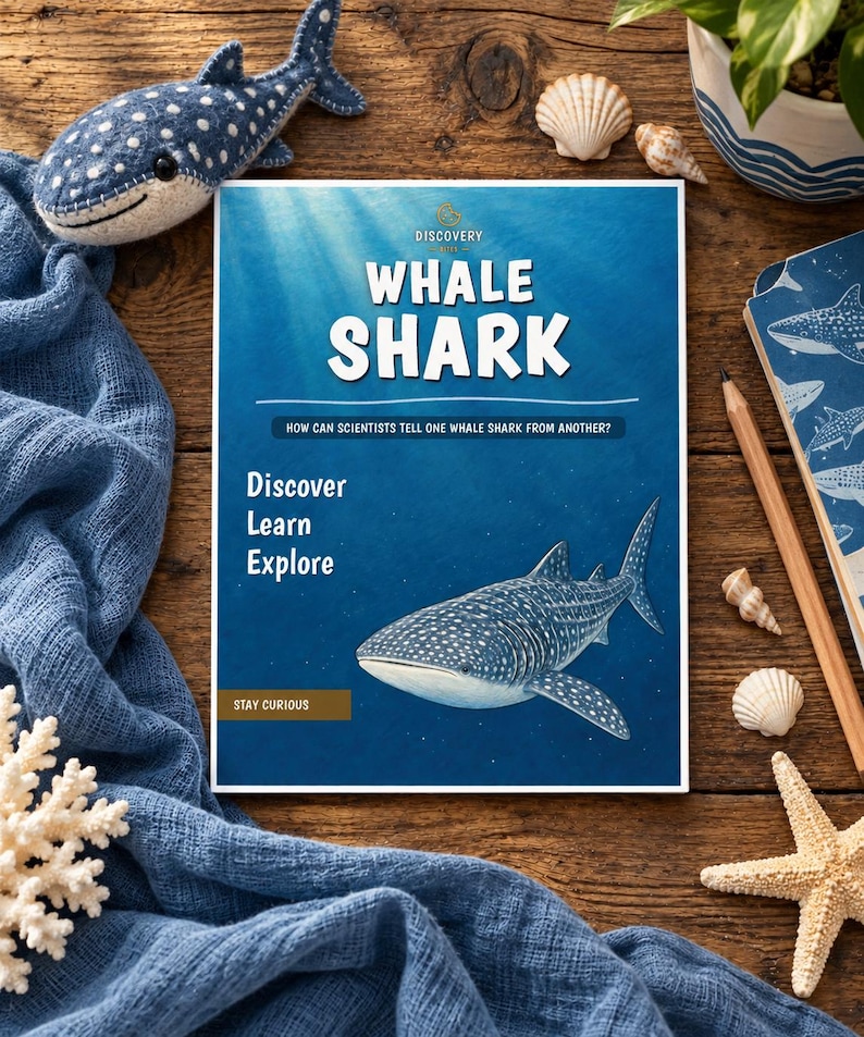 May include: A Discovery Kids educational book titled Whale Shark with the subtitle How can scientists tell one whale shark from another? The cover features a blue ocean background, a whale shark illustration, and the text Discover Learn Explore.