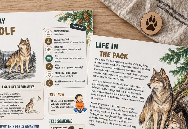 Puede incluir: Dos hojas educativas sobre lobos grises con ilustraciones de lobos en entornos naturales, una ficha t&eacute;cnica con datos cient&iacute;ficos y texto titulado Life in the Pack. Una ficha de madera circular con una huella de lobo marr&oacute;n oscuro est&aacute; colocada cerca.