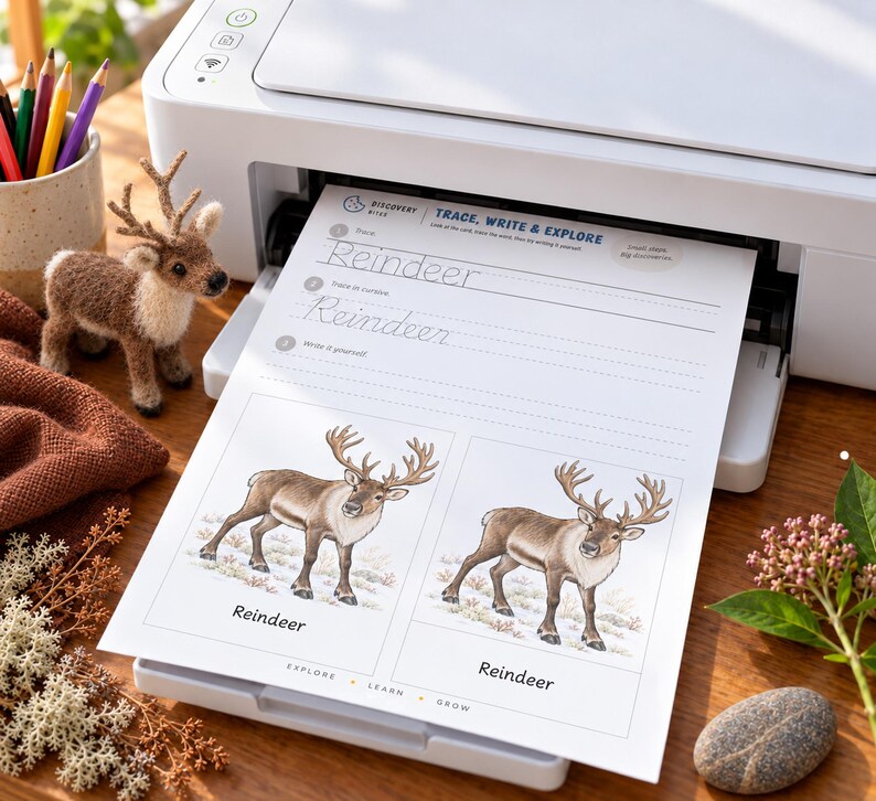 May include: A white printer outputting a worksheet titled Trace, Write & Explore with the word Reindeer. The page features dashed lines for handwriting practice and two illustrations of reindeer. A small felt reindeer figurine sits nearby.