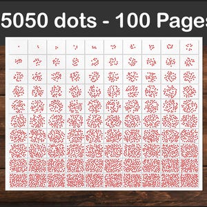May include: A white sheet of paper with a grid of red dots, arranged in clusters. The text "5050 dots - 100 Pages" is at the top. The paper is on a wooden surface.