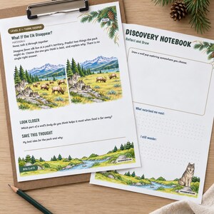 Puede incluir: Dos hojas de actividades educativas tituladas Level 3 - Think Deeper: What If the Elk Disappear? y Discovery Notebook. Las p&aacute;ginas incluyen ilustraciones de lobos y alces en un paisaje monta&ntilde;oso, ejercicios de escritura y un l&aacute;piz.