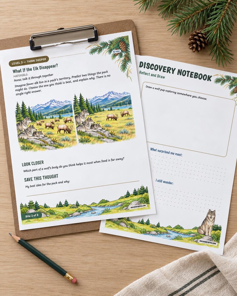 Puede incluir: Dos hojas de actividades educativas tituladas Level 3 - Think Deeper: What If the Elk Disappear? y Discovery Notebook. Las p&aacute;ginas incluyen ilustraciones de lobos y alces en un paisaje monta&ntilde;oso, ejercicios de escritura y un l&aacute;piz.